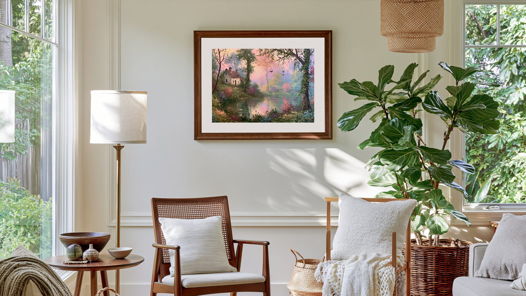 A framed WendMeadow landscape painting hanging in a bright, plant-filled living room