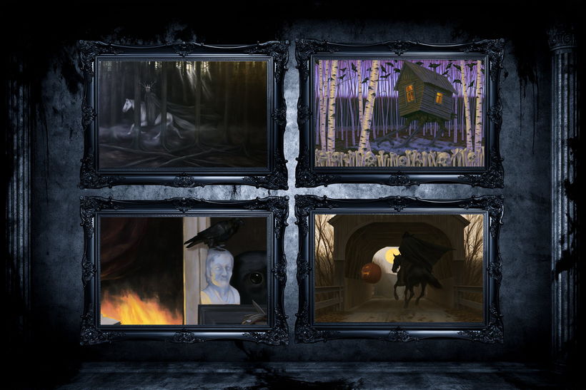Four dark folk-horror paintings framed on a gothic wall