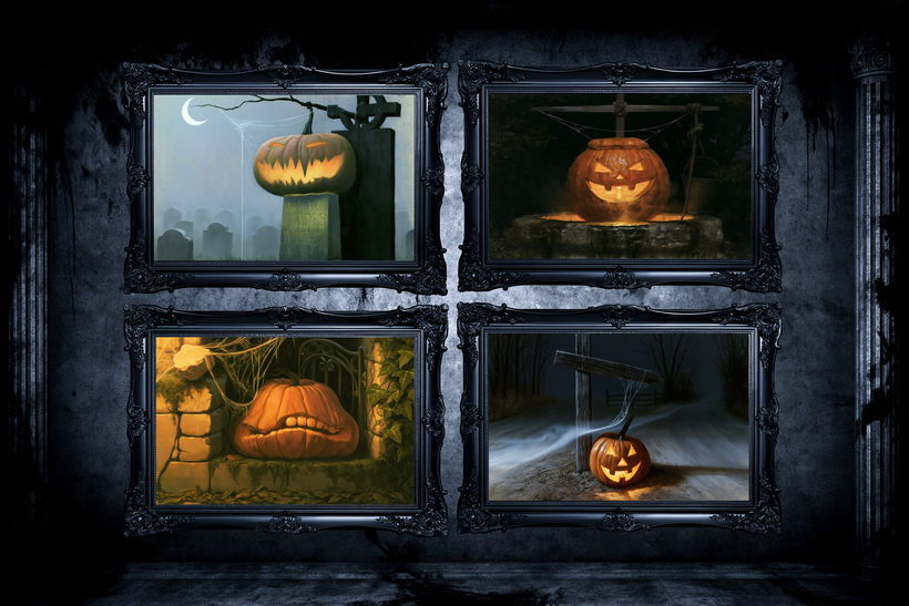 Four carved jack-o-lantern paintings framed on a dark wall