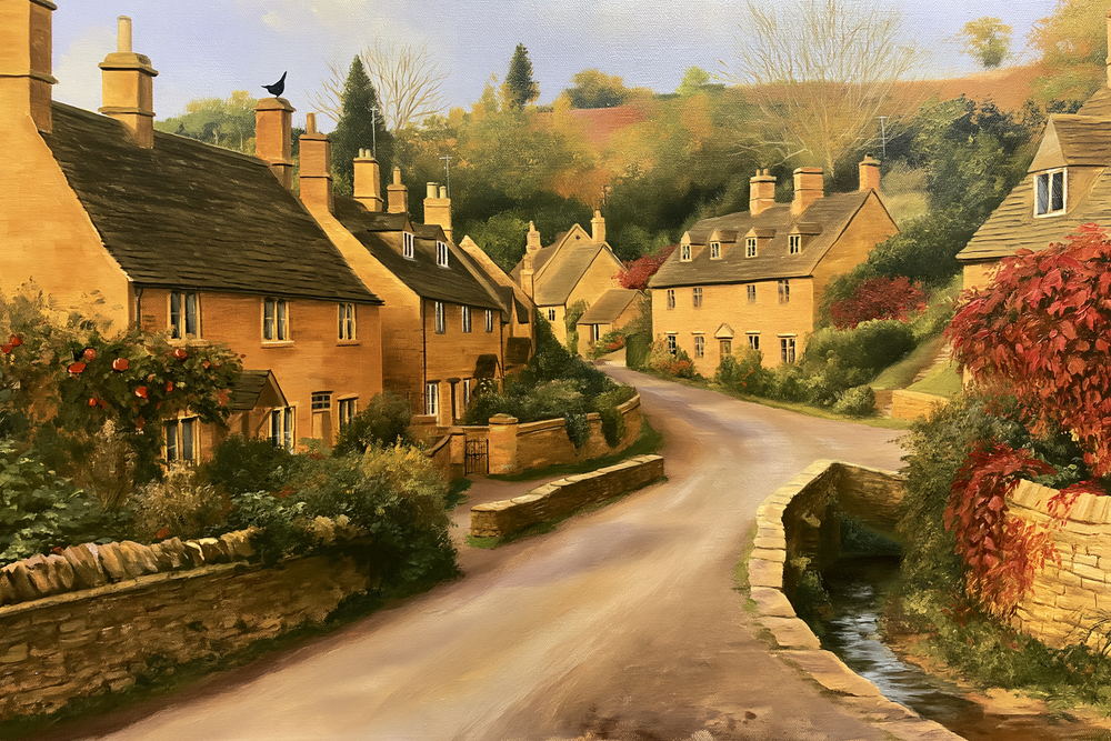 Honey-colored stone cottages along a quiet village lane