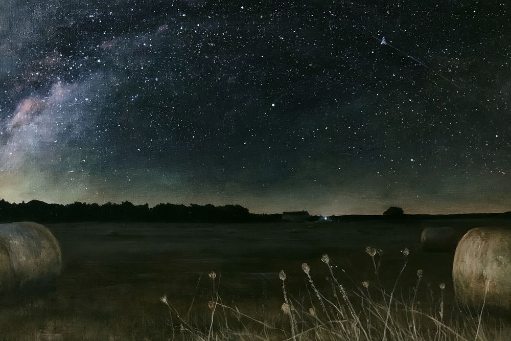 The Milky Way arching over a field of round hay bales at night