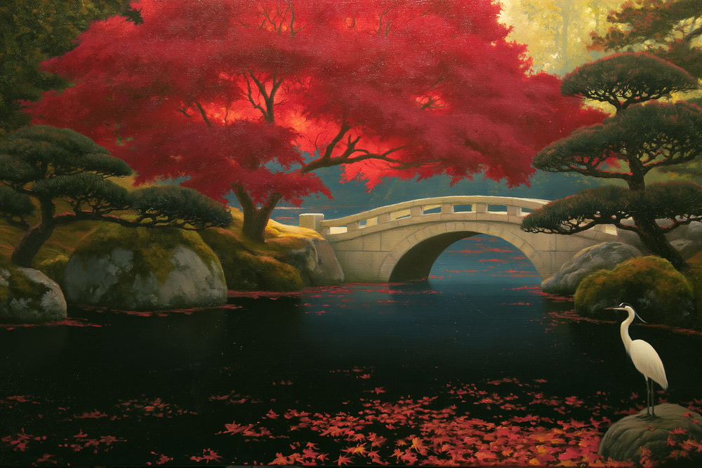 A red Japanese maple over a stone bridge and still water