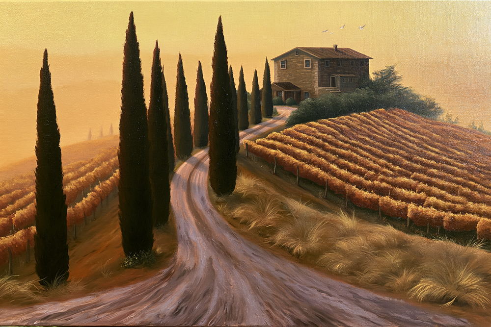 A track lined with cypresses running up to a farmhouse above a vineyard