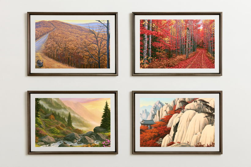 Four framed autumn woodland paintings in red and amber