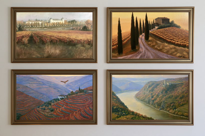 Four framed vineyard and terrace paintings in warm golds